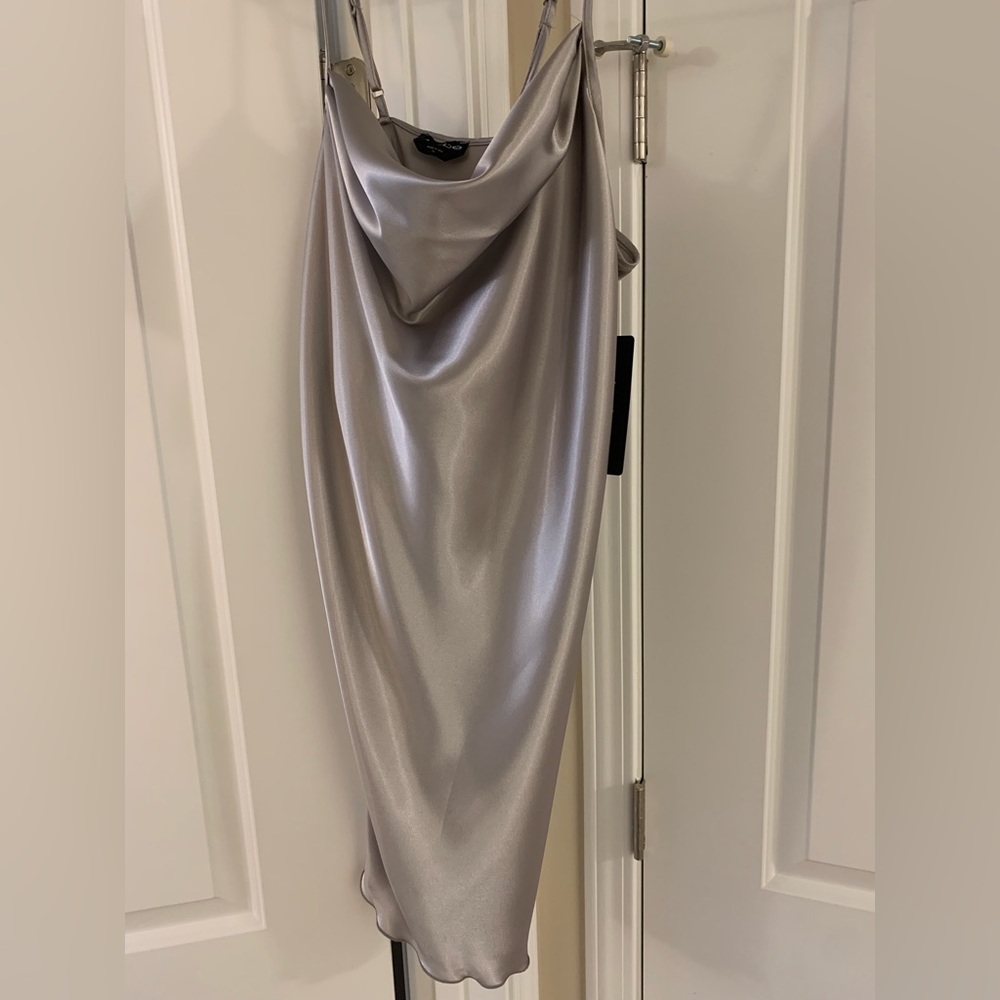 Bebe Satin Silver Dress XL. Made in USA. Still has tag. Never worn